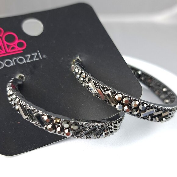 Paparazzi Black Rhinestone Hoop Earrings - Picture 3 of 3